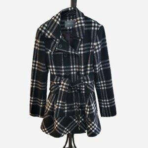 Black and White Double Breasted Belted Wool Pea Coat
